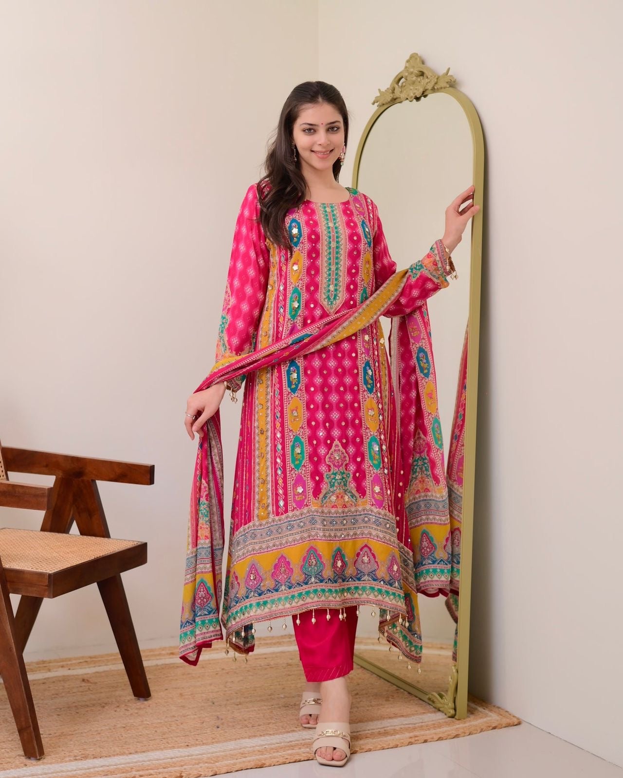 Elegant Heavy Muslin Cotton Suit Set with Mirror Handwork