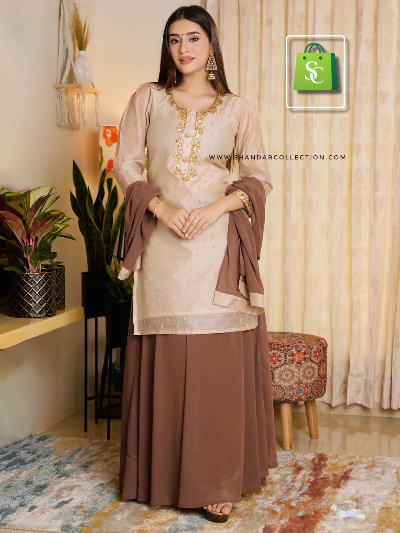 LUXE GOLD CHANDERI KURTI WITH GEORGETTE SKIRT AND DUPATTA SET