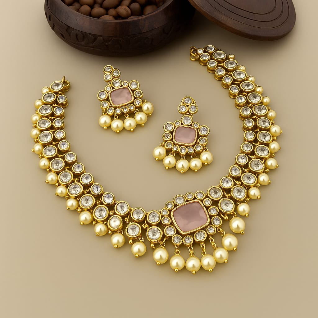 Premium Matte Finish AD Stone Necklace with Earrings – Gold Plated