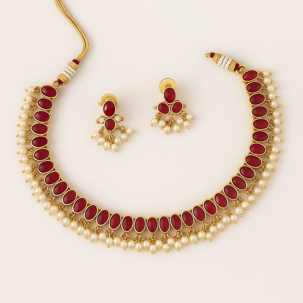 Premium Matte Finish AD Stone Necklace with Earrings – Gold Plated