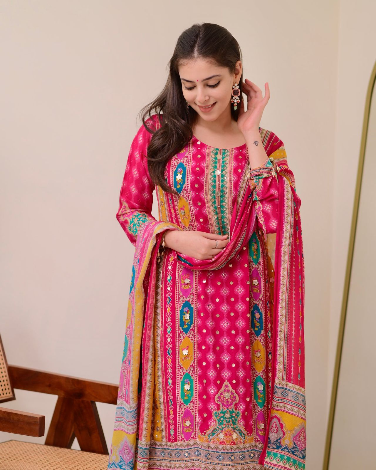 Elegant Heavy Muslin Cotton Suit Set with Mirror Handwork