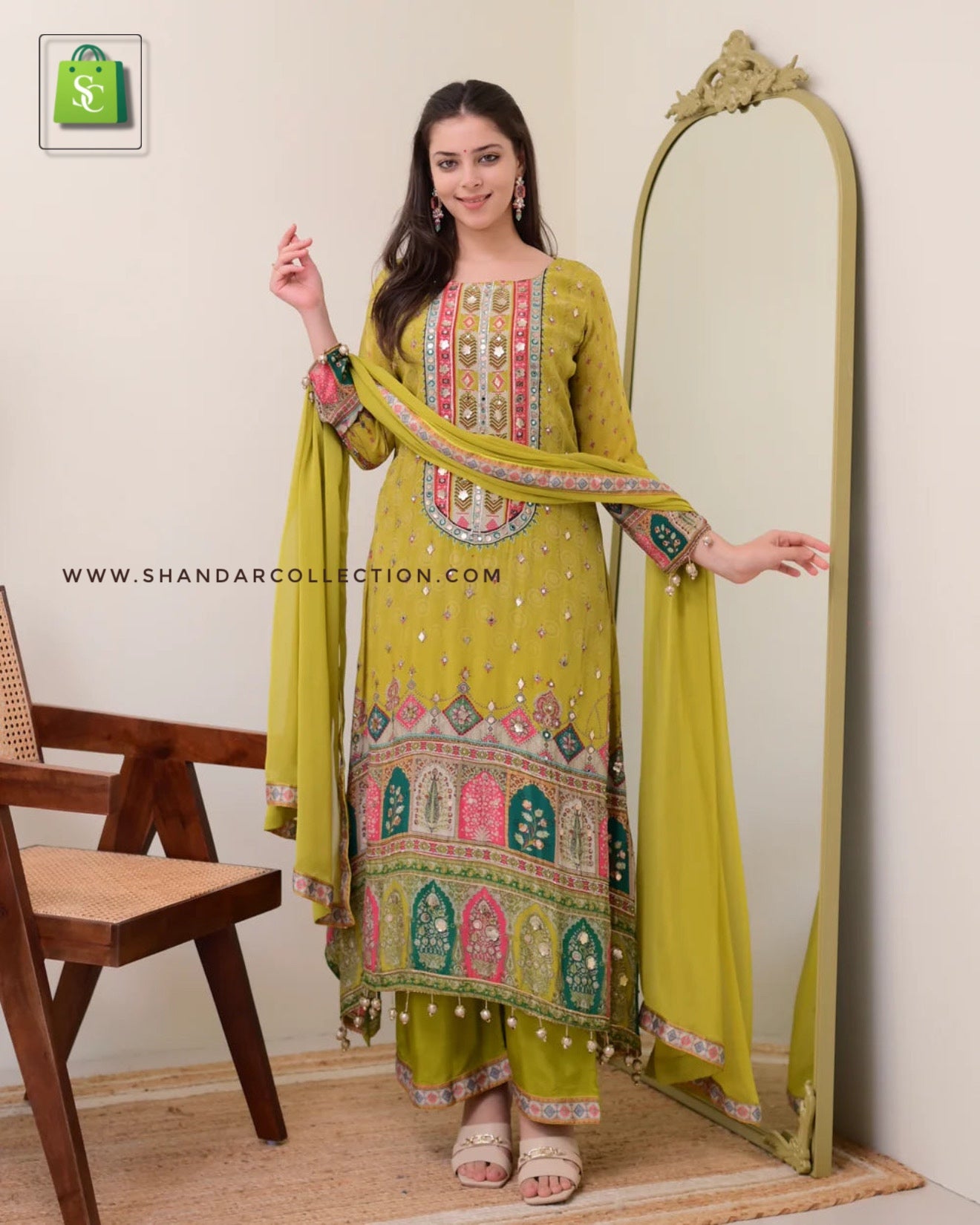 Elegant Anarkali kurti set designed in pure chinon fabric with cotton lining.