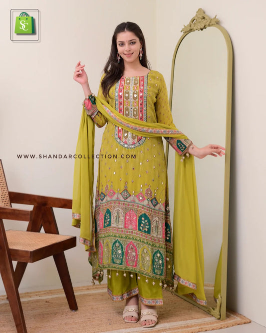 Elegant Anarkali kurti set designed in pure chinon fabric with cotton lining.