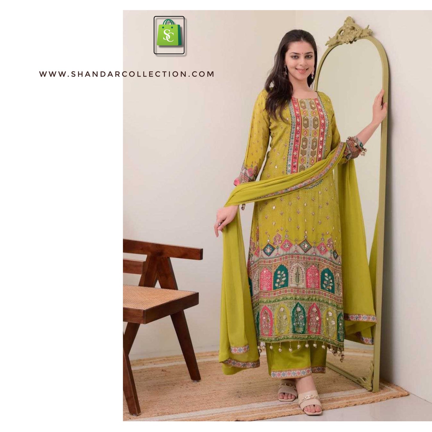 Elegant Anarkali kurti set designed in pure chinon fabric with cotton lining.