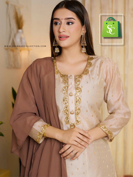 LUXE GOLD CHANDERI KURTI WITH GEORGETTE SKIRT AND DUPATTA SET