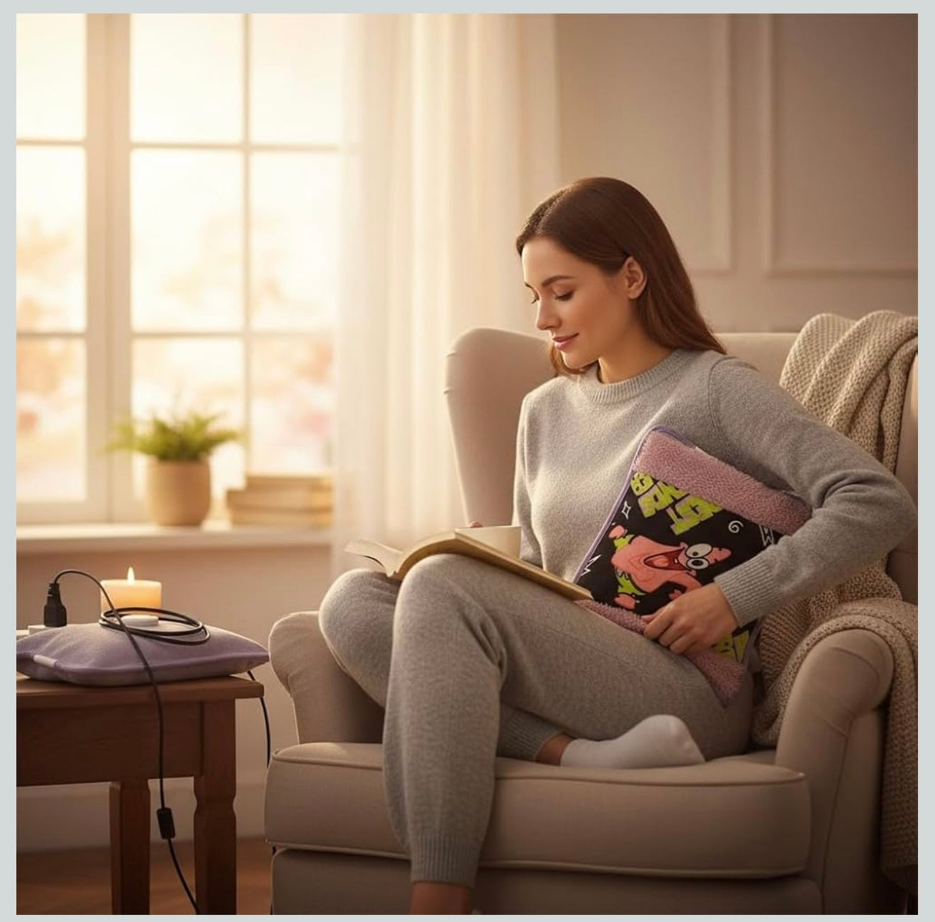 Electric Hot Water Bottle with Sheep Pattern Cover, Soft Fleece Heating Pad, Grey and Blue, Auto Shut-off