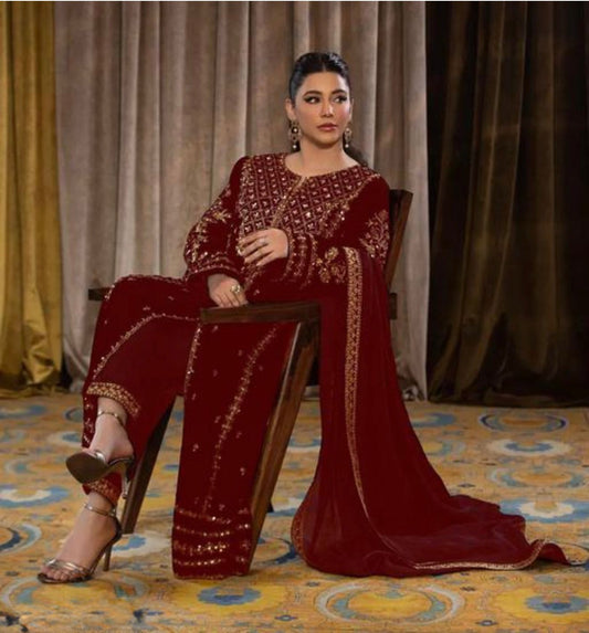 Sequence Embroidery work Pakistani Velvet Kurti Pant Dupatta Set (Stitched)