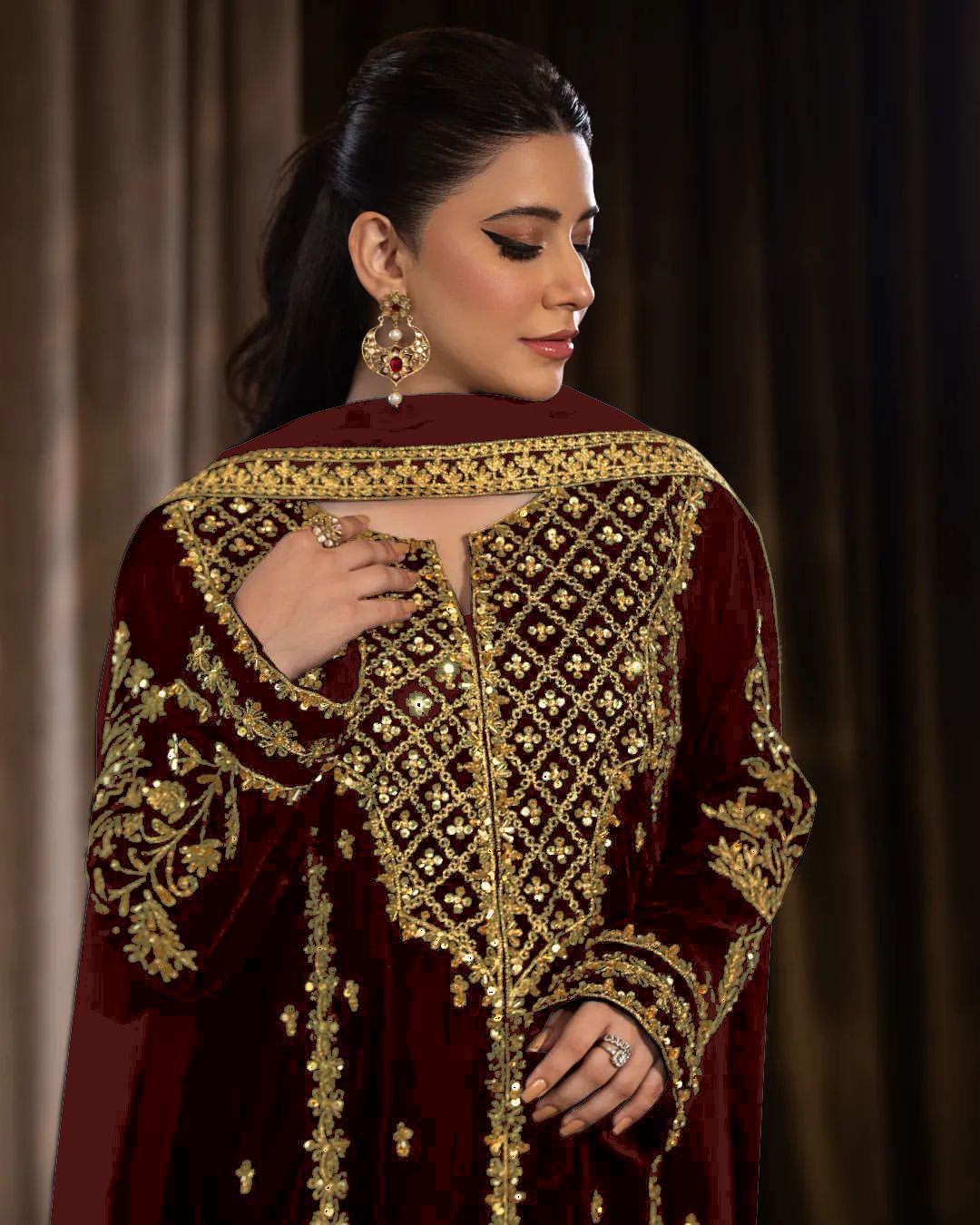 Sequence Embroidery work Pakistani Velvet Kurti Pant Dupatta Set (Stitched)