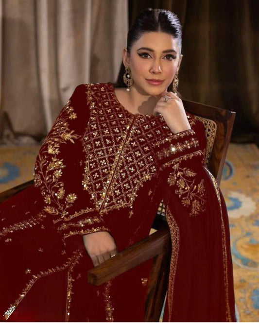 Sequence Embroidery work Pakistani Velvet Kurti Pant Dupatta Set (Stitched)