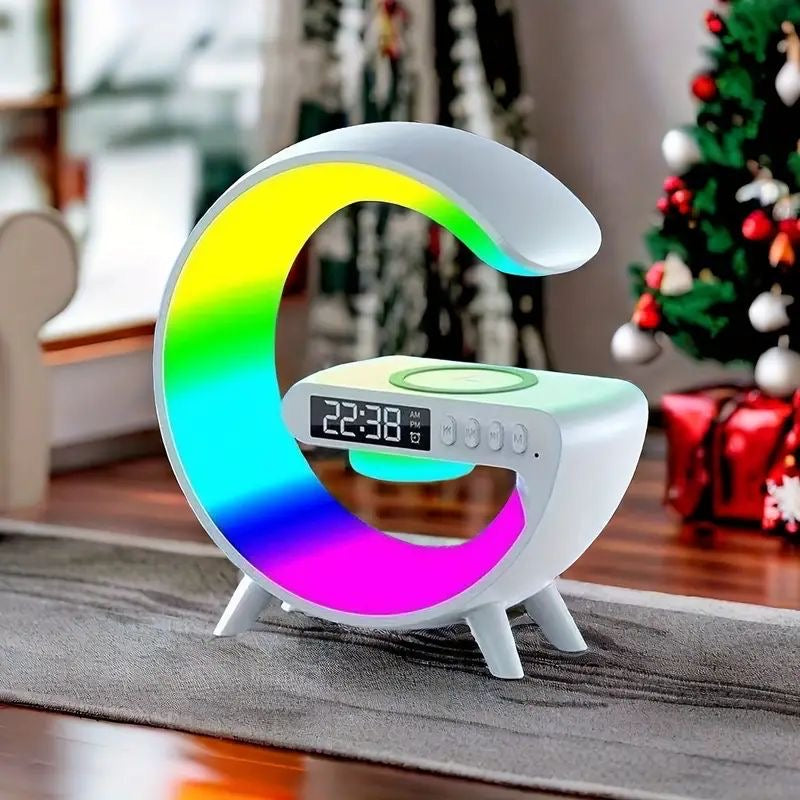 LED Wireless Charging Speaker with colorful rainbow lights and wireless charging pad