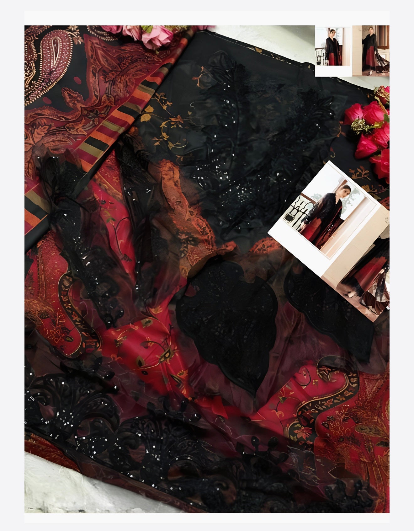 Detailed view of maroon chiffon fabric with black embroidered patterns and sequin embellishments for luxury Pakistani formal wear