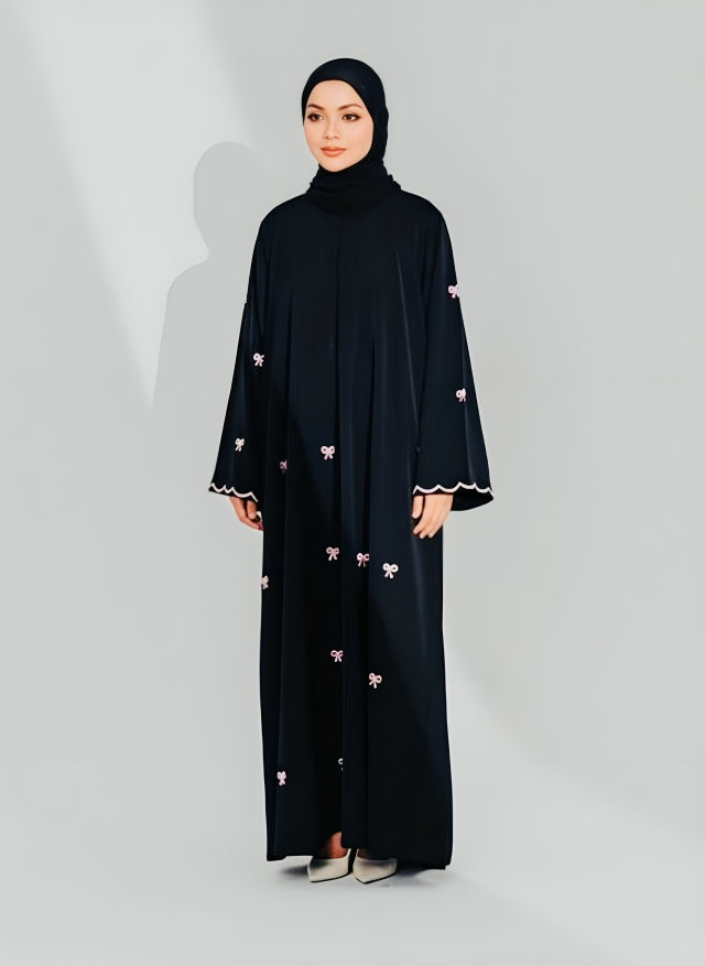 Back view of embroidered abaya highlighting intricate embroidery work and modest coverage design for Islamic dress