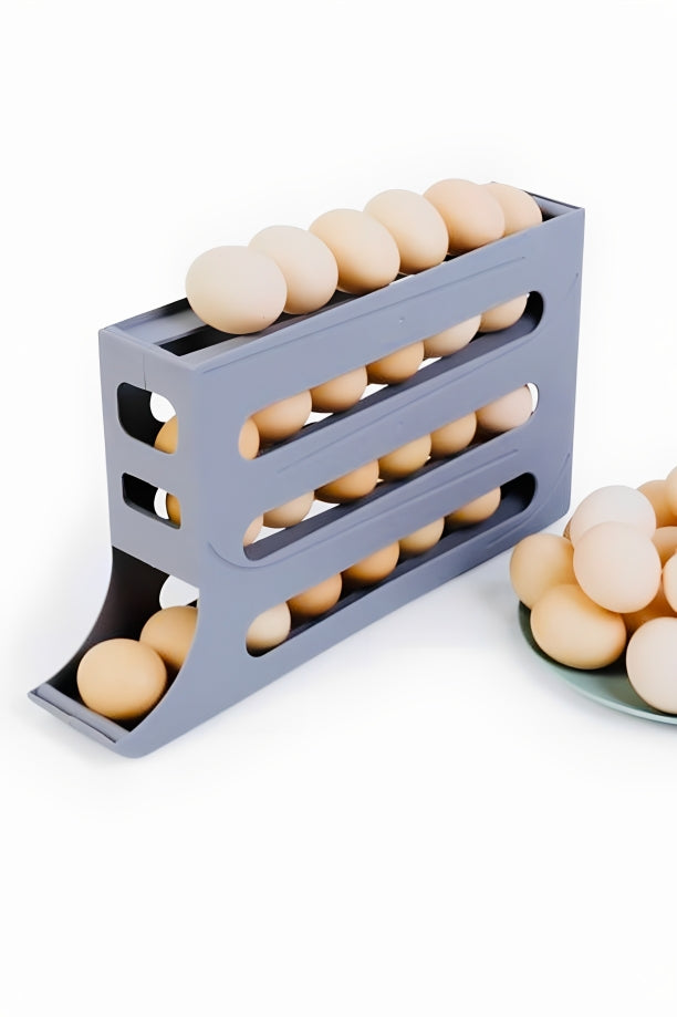 "Automatic rolling egg storage rack with gravity-fed system showing eggs organized in kitchen setting"