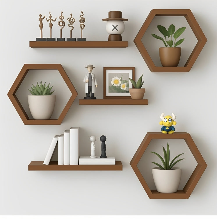 "Vishva Handicraft wooden hexagonal floating wall shelves set displayed on white wall showing natural wood finish"