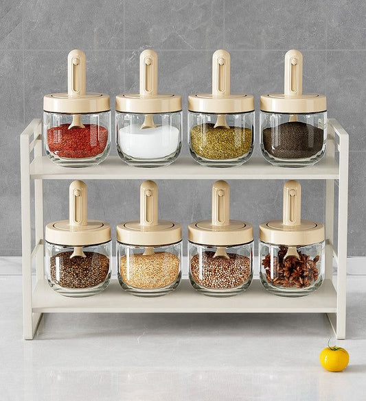 Premium Spice Jar Set with Rack – 8 Glass Containers with Lids & Spoons