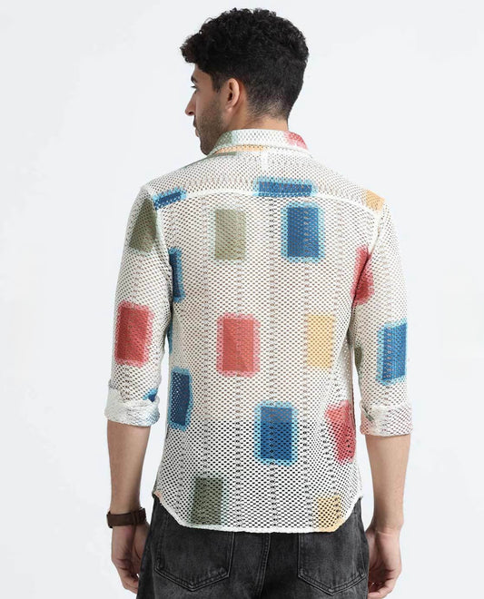 Men Regular Fit Checkered, Self Design Spread Collar Party Shirt