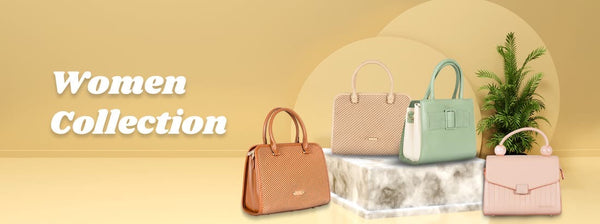 Women Collection banner showing three stylish handbags on a display with a light beige background.”