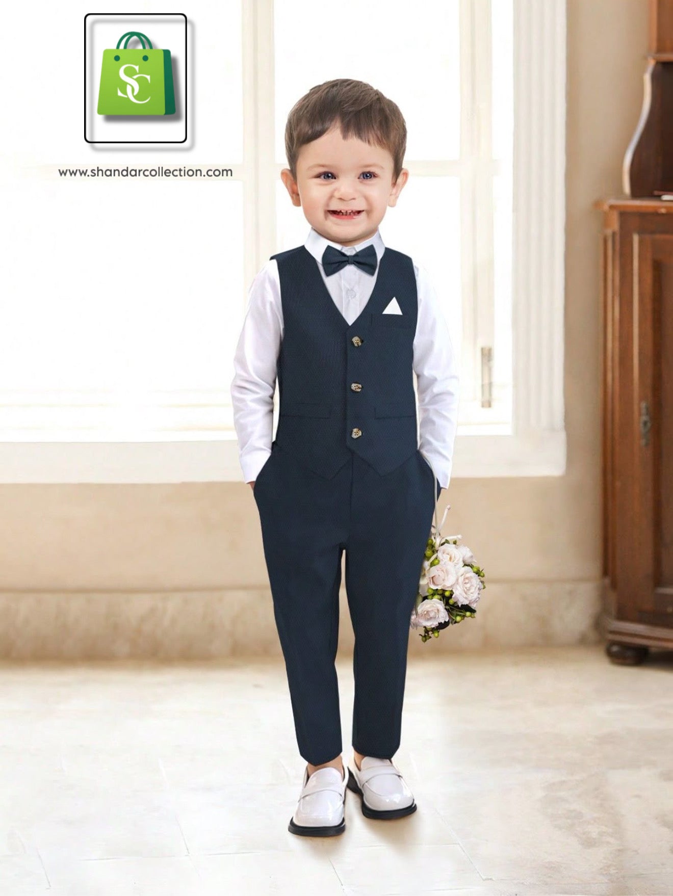 Elegant Boys 2-Piece Party Suit | Navy Blazer with White Shirt & Pants Set for Toddlers