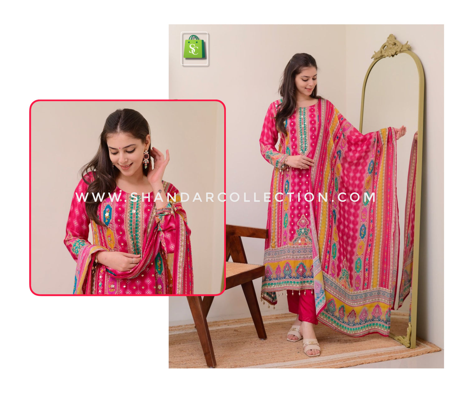 Elegant Heavy Muslin Cotton Suit Set with Mirror Handwork