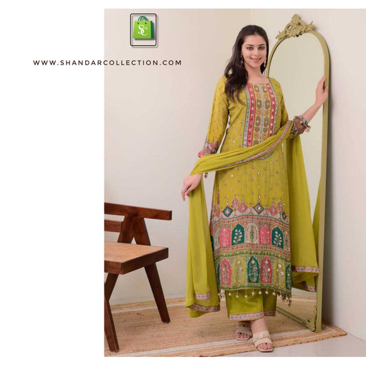 Elegant Anarkali kurti set designed in pure chinon fabric with cotton lining.