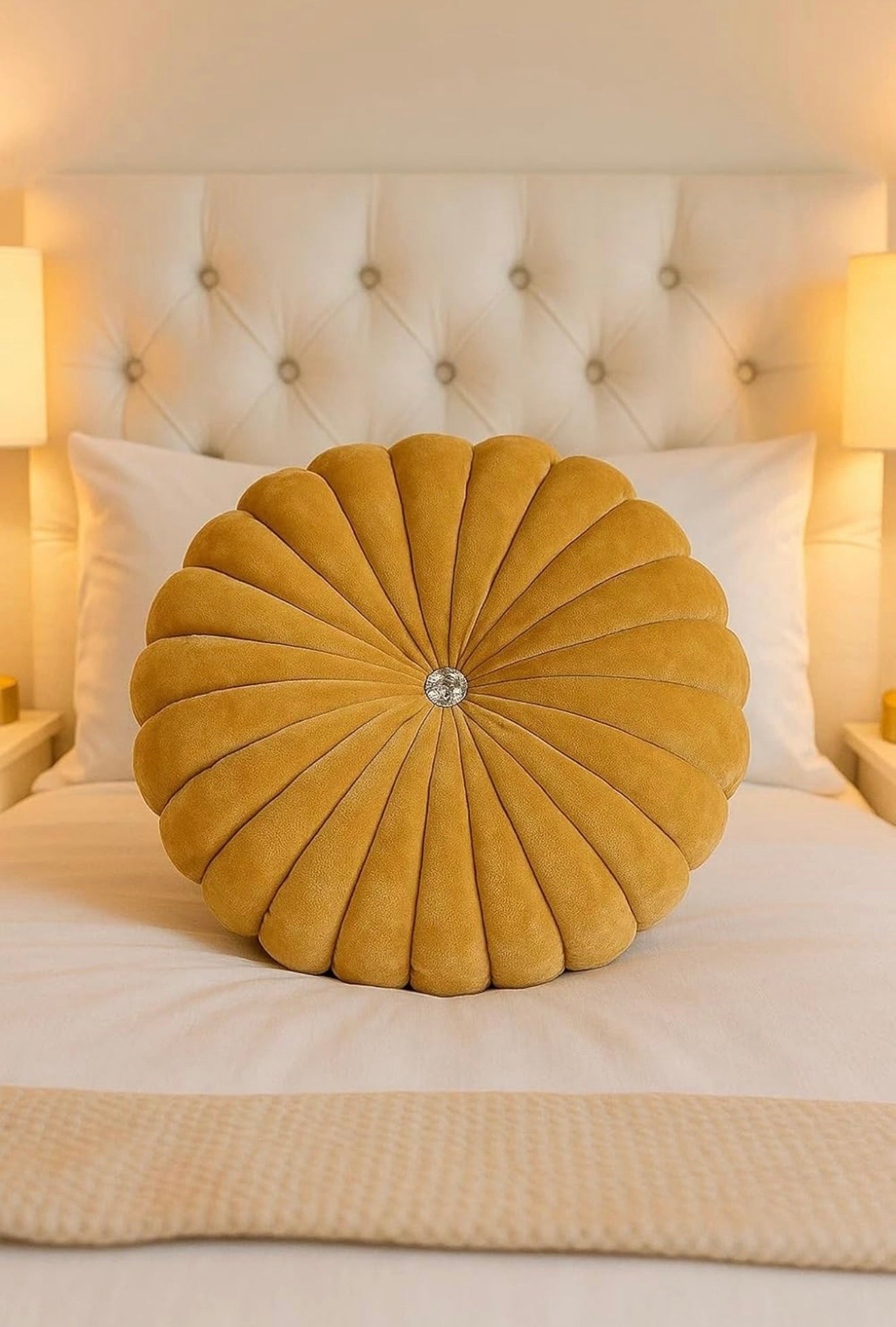 Luxury Velvet Round Cushion for Sofa & Bedroom | Decorative Pleated Pillow with Button
