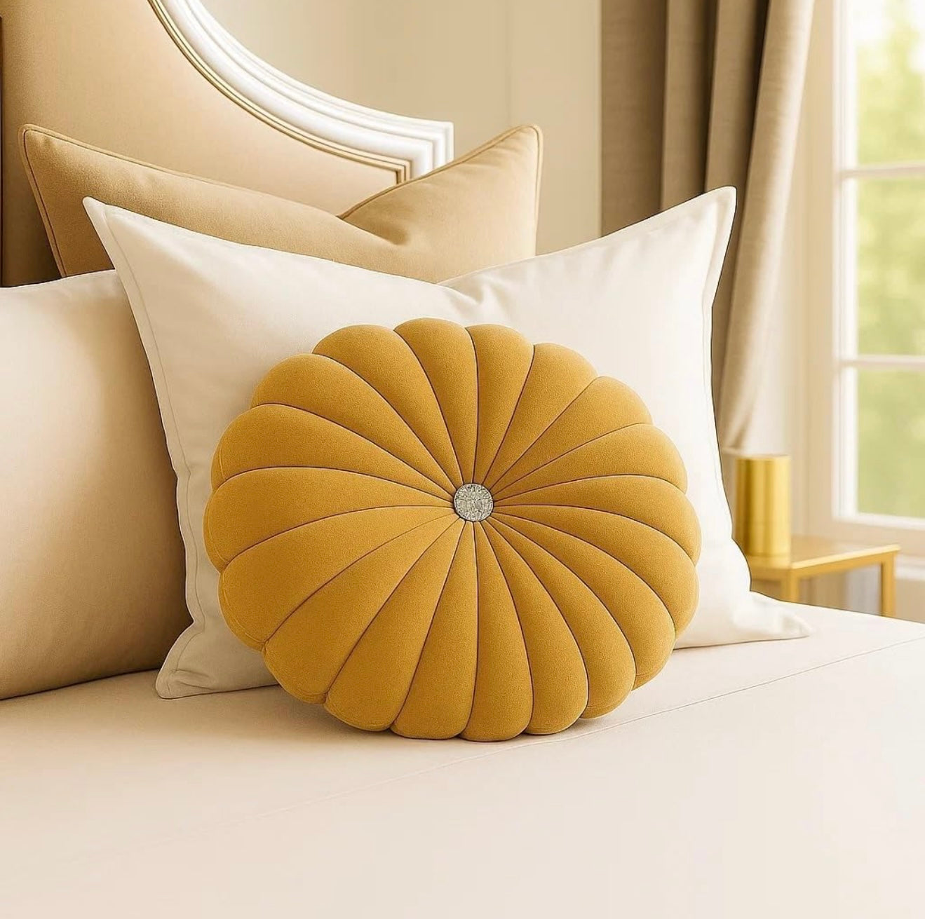 Luxury Velvet Round Cushion for Sofa & Bedroom | Decorative Pleated Pillow with Button