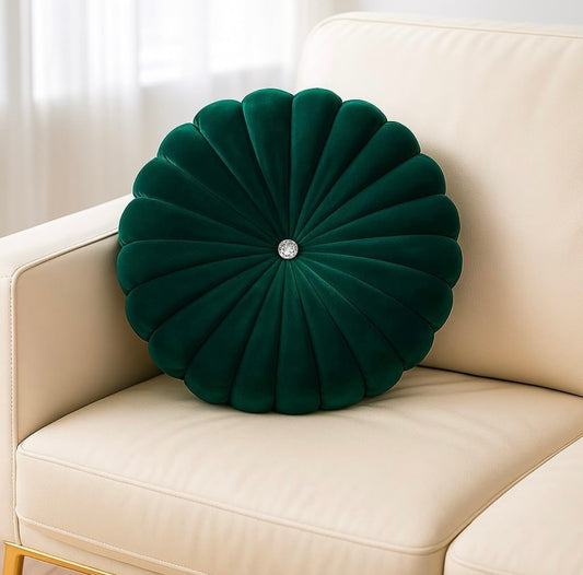 Luxury Velvet Round Cushion for Sofa & Bedroom | Decorative Pleated Pillow with Button,
