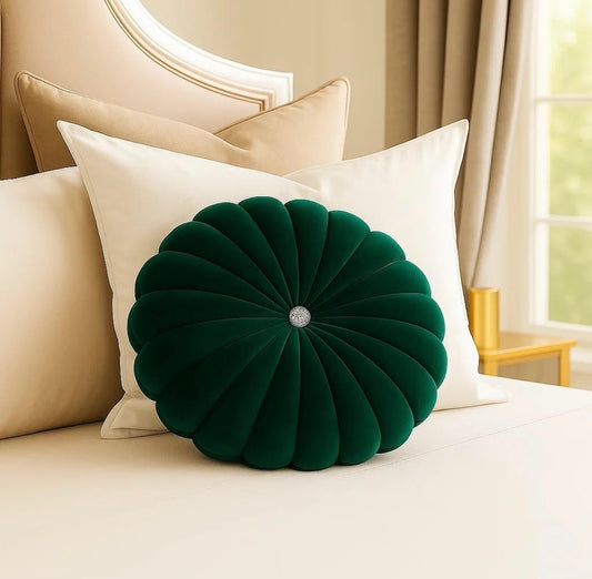 Luxury Velvet Round Cushion for Sofa & Bedroom | Decorative Pleated Pillow with Button,