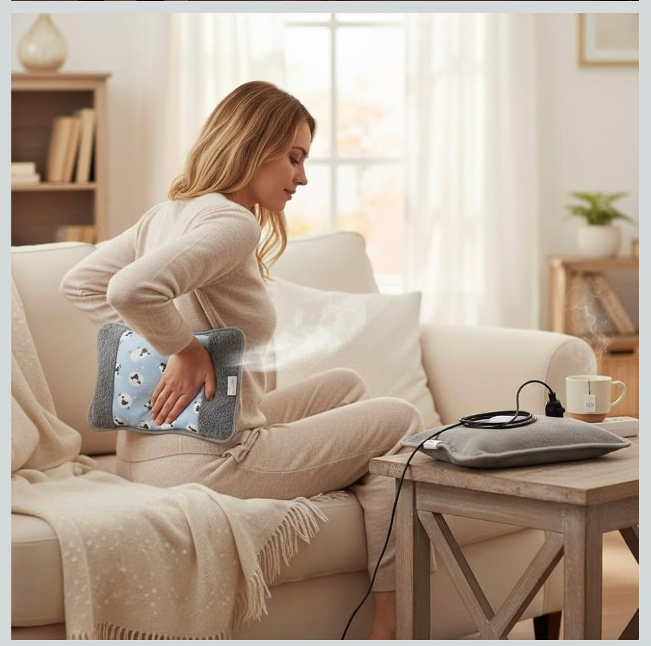 Electric Hot Water Bottle with Sheep Pattern Cover, Soft Fleece Heating Pad, Grey and Blue, Auto Shut-off