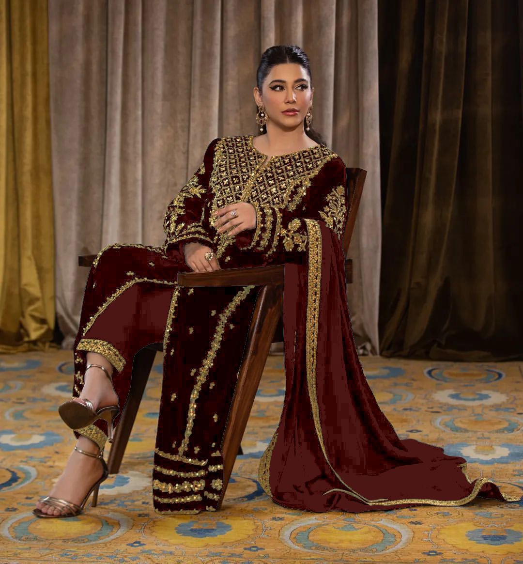 Sequence Embroidery work Pakistani Velvet Kurti Pant Dupatta Set (Stitched)
