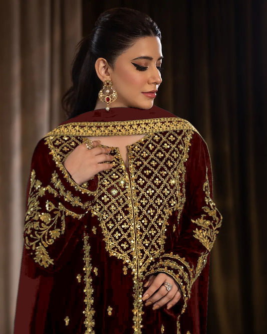 Sequence Embroidery work Pakistani Velvet Kurti Pant Dupatta Set (Stitched)