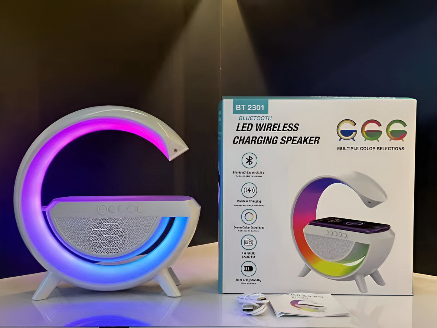 LED Bluetooth Speaker packaging showing wireless charging feature and product details