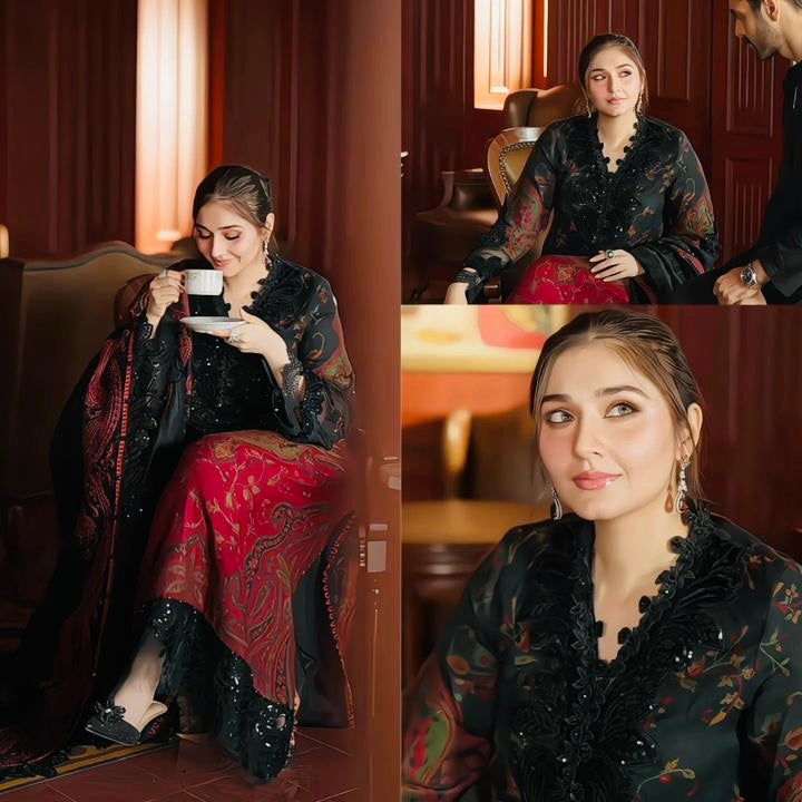 Close-up detail of black and maroon chiffon suit showing intricate paisley embroidery and sequin work on premium fabric