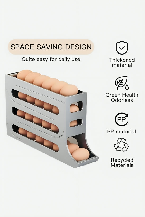 "Close-up of automatic egg storage rack showing smooth rolling mechanism and durable food-grade construction"
