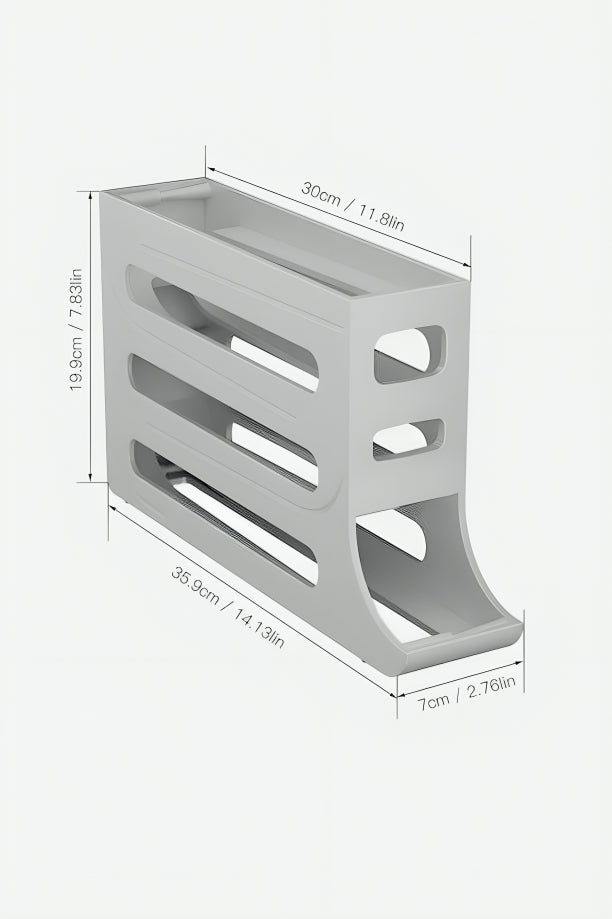 "Detailed view of egg storage rack highlighting 4-tier capacity and space-saving kitchen organizer design"