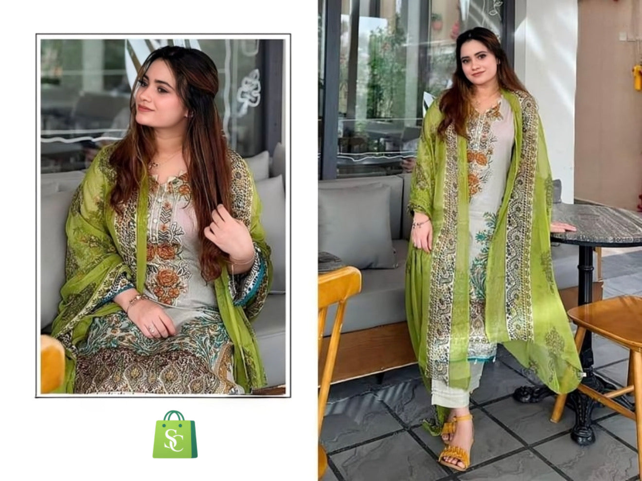 Unstitched pure cotton Pakistani suit with embroidered neck and daman featuring parrot green printed chiffon dupatta