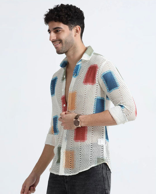 Men Regular Fit Checkered, Self Design Spread Collar Party Shirt