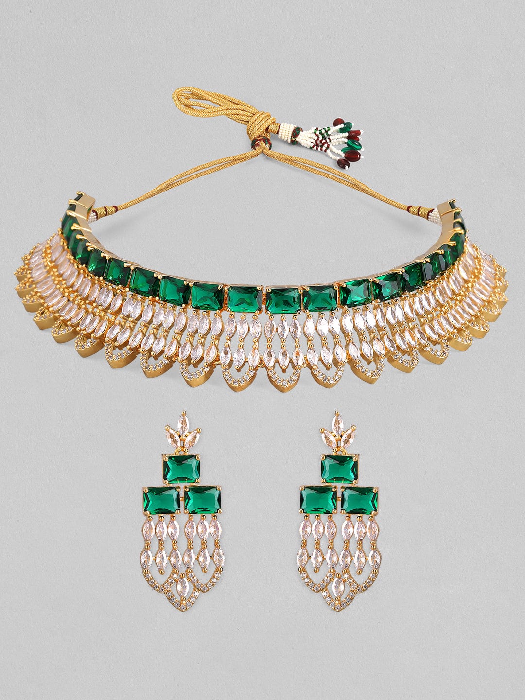 Gold Plated Green & White Stone Studded American Diamond Necklace Set.