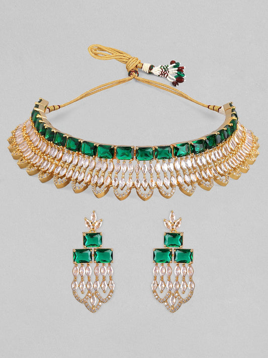 Gold Plated Green & White Stone Studded American Diamond Necklace Set.