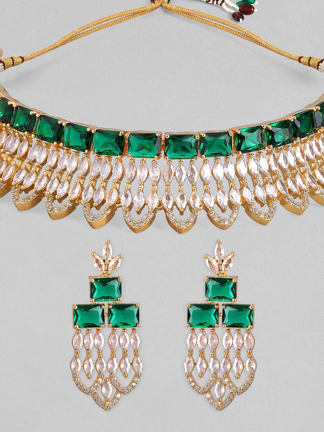Gold Plated Green & White Stone Studded American Diamond Necklace Set.