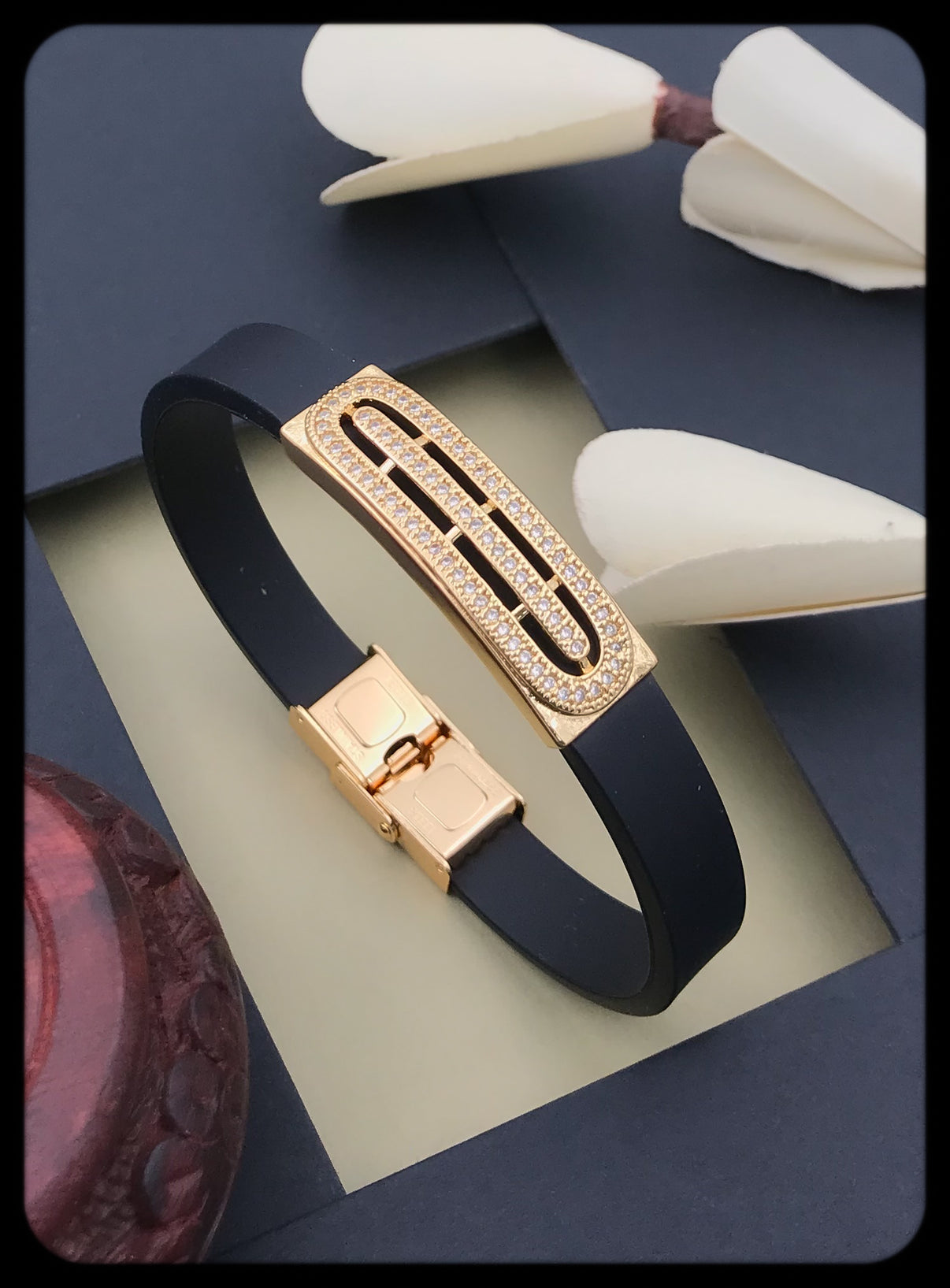 Classic Rose Gold CZ Leather Bracelet for Men – Adjustable & Stylish